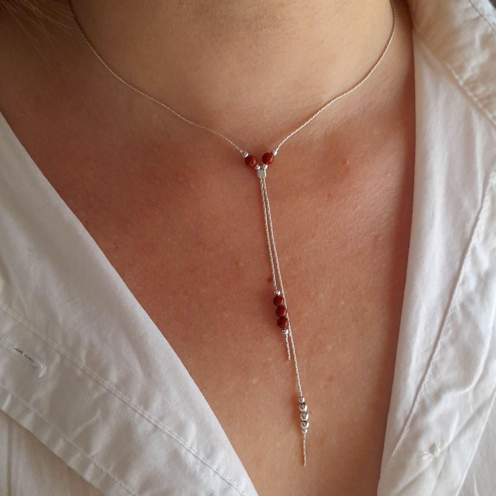 Collier de superposition Y en argent 925 en jaspe rouge - Nicte