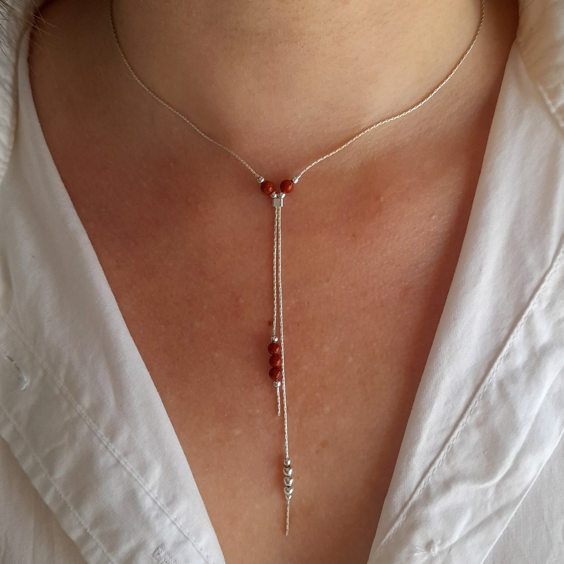 Collier de superposition Y en argent 925 en jaspe rouge - Nicte