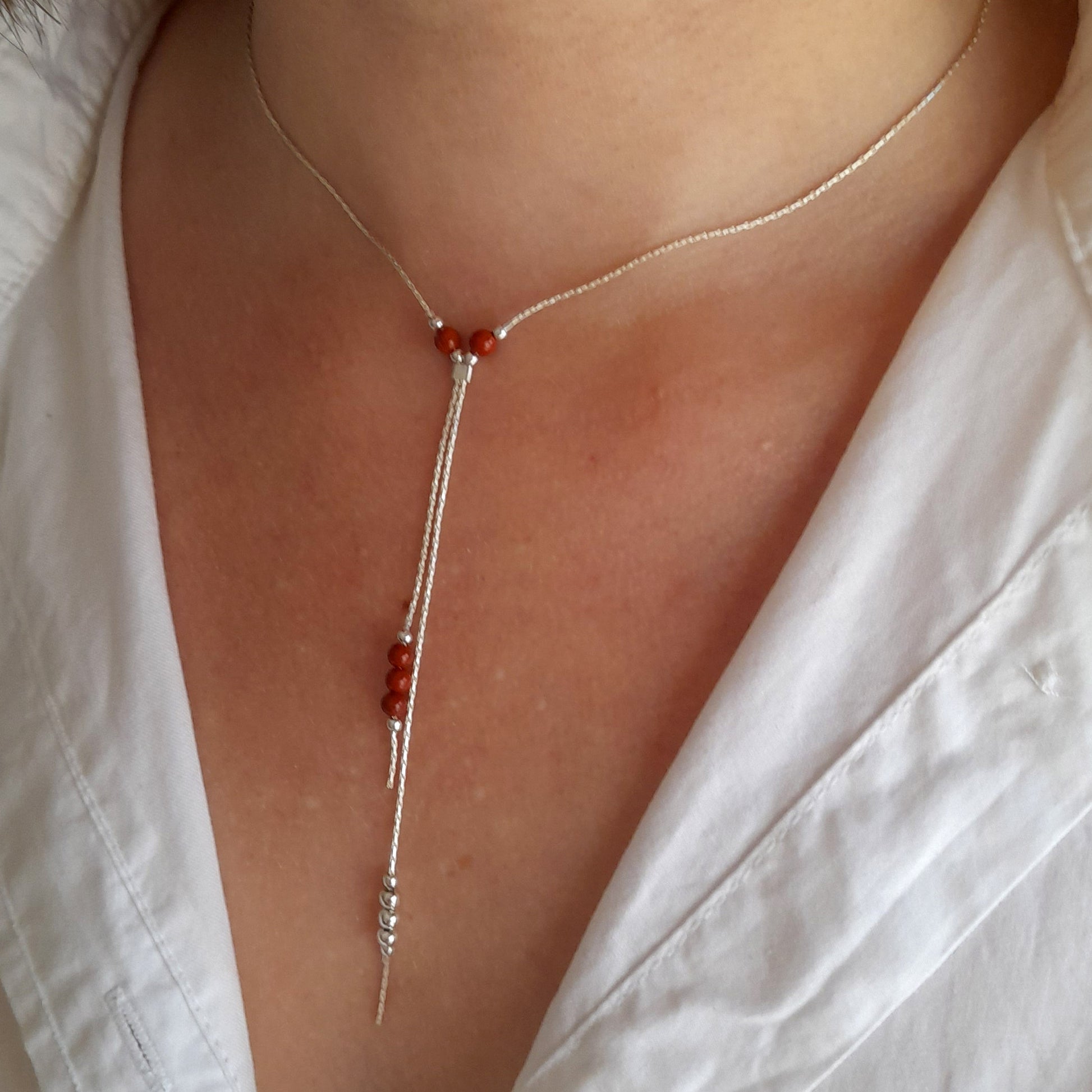 Collier de superposition Y en argent 925 en jaspe rouge - Nicte