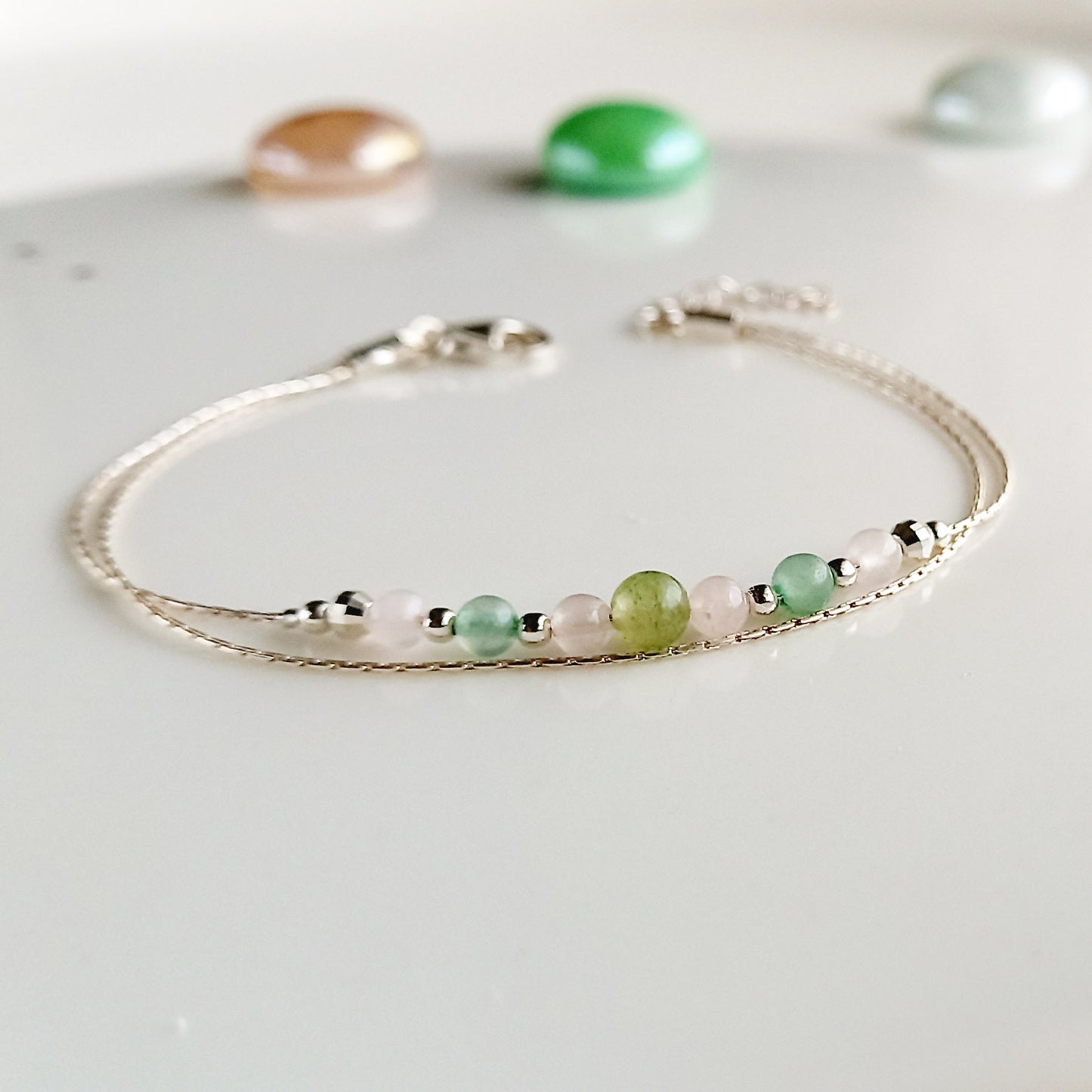 Bracelet en argent quartz rose aventurine verte - Nicte