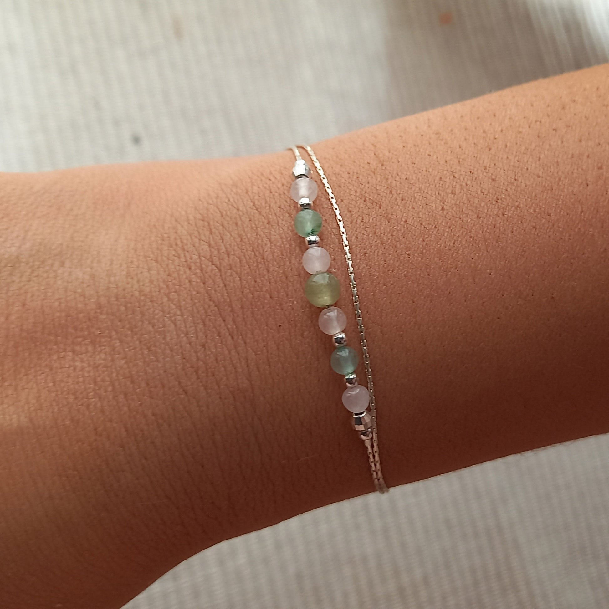 Bracelet en argent quartz rose aventurine verte - Nicte