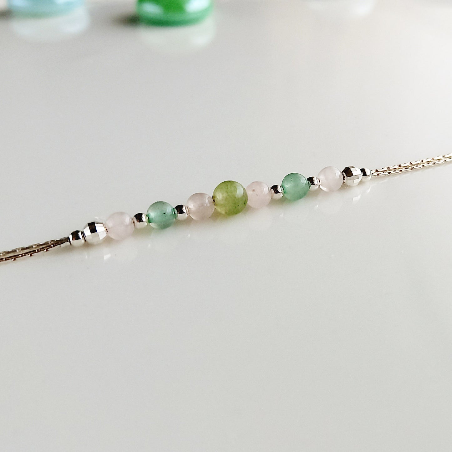 Bracelet en argent quartz rose aventurine verte - Nicte