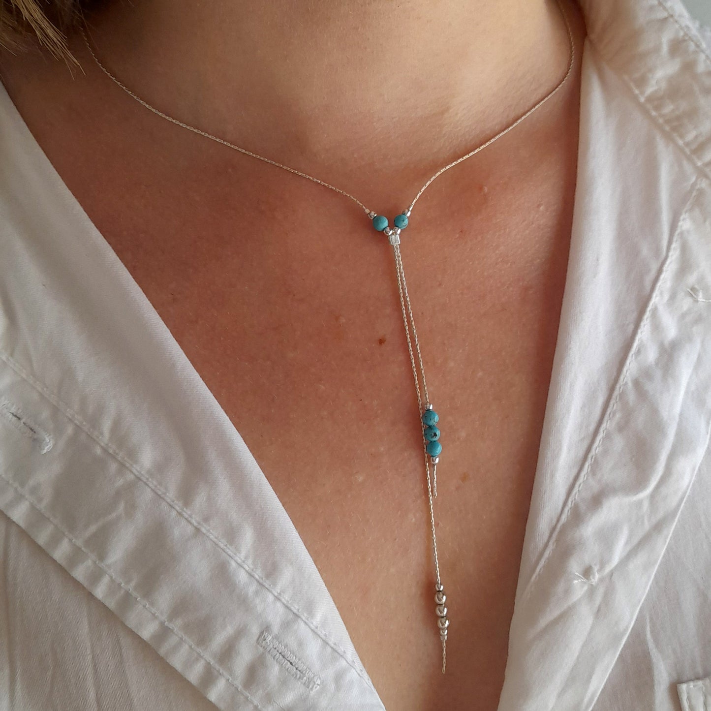 Collier de chaîne en argent turquoise superposé - Nicte