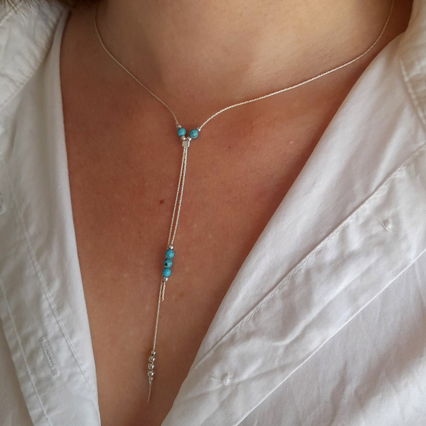 Collier de chaîne en argent turquoise superposé - Nicte